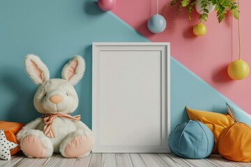 Create a digital mockup of a picture frame in a Nordic-themed kids' room, presented in a 3D rendering.