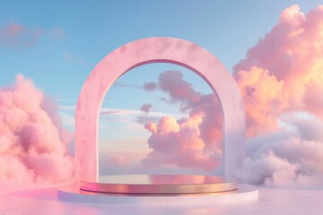 Surreal podium outdoor on blue sky pink gold pastel soft clouds with space.Beauty cosmetic product placement pedestal present promotion minimal display,summer paradise dreamy concept - generative ai
