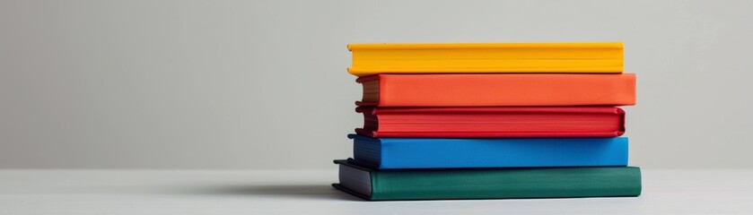 Stacks of vibrant books stand tall against a blank white backdrop.