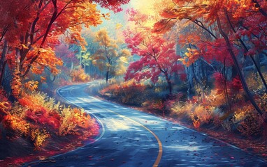 A winding asphalt road meandering through a forest with the vibrant hues of fall foliage, depicted in a digital artwork.