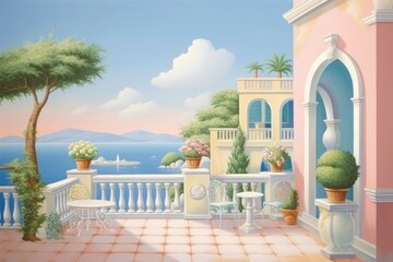 Painting of balcony border architecture building outdoors.