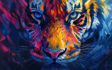 Colorful tiger, abstract oil painting of elegant feline, digital art created by AI.