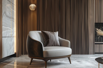 A sleek and sophisticated setting with a modern sofa chair positioned against a backdrop of sleek architectural lines, epitomizing contemporary elegance.