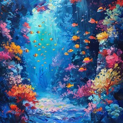 Fototapeta na wymiar Explore the beautiful underwater world with vibrant coral reefs and a variety of colorful fish in this stunning illustration.