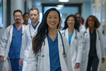 A diverse group of medical professionals walking in the hospital. Generate AI image