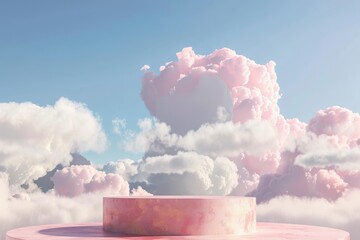 Surreal podium outdoor on blue sky pink gold pastel soft clouds with space.Beauty cosmetic product placement pedestal present promotion minimal display,summer paradise dreamy concept - generative ai