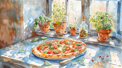 Cozy watercolor of a Caprese pizza on a quaint cafe table, surrounded by potted basil plants and open windows letting in sunlight