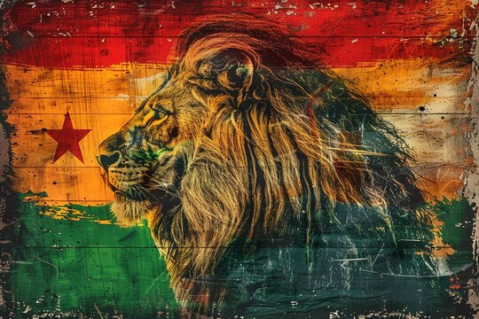 A depiction of the Rastafarian Lion of Judah, adorned with the colors of the Ethiopian flag