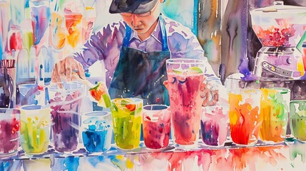 Detailed watercolor of a barista crafting fruit smoothies, the action captured in a flurry of colors and textures