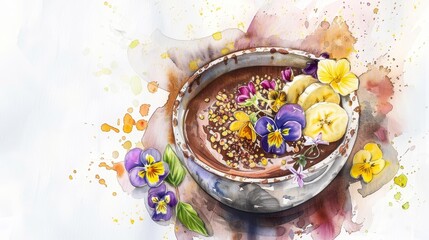 Detailed watercolor sketch of a chocolate and banana smoothie bowl garnished with edible flowers, creating a visually stunning and edible art piece