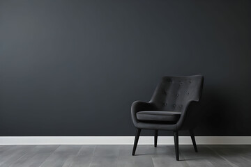 Stylish black chair against a dark gray wall. Stylish chair on wall background, copy space, fashionable interior