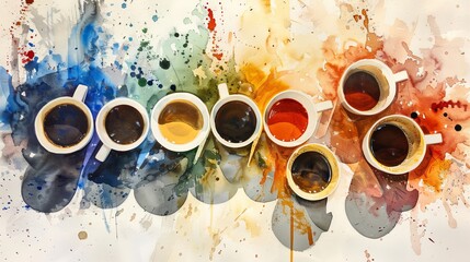 Dynamic watercolor of a coffee tasting session, cups arranged in a semi-circle, each shade representing a different roast and origin