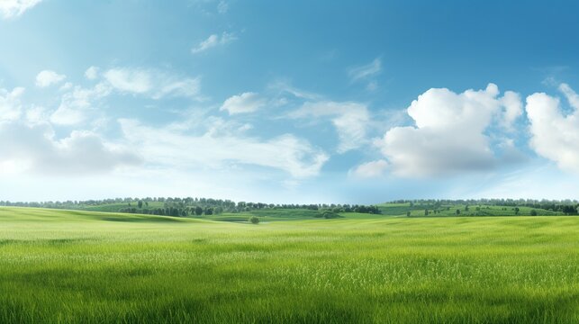 View of a wide green meadow with a clear sky in the background