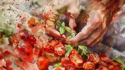 Dynamic watercolor of hands assembling bruschetta, focusing on the texture of fresh basil and ripe tomatoes - obrazy, fototapety, plakaty