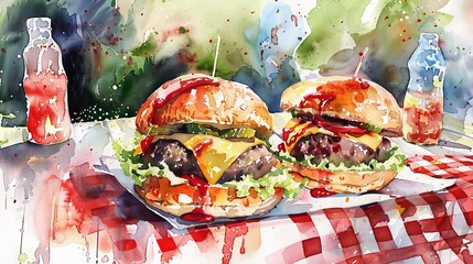 Dynamic watercolor scene of a picnic table with a plate of burgers, the focus on a half-eaten burger revealing its juicy inside - obrazy, fototapety, plakaty