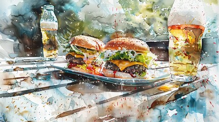 Dynamic watercolor scene of a picnic table with a plate of burgers, the focus on a half-eaten burger revealing its juicy inside - obrazy, fototapety, plakaty