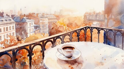 Elegant watercolor of a coffee set on a balcony overlooking a morning cityscape, the calm ambiance paired with a perfect cup - obrazy, fototapety, plakaty