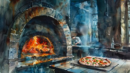 Dynamic watercolor view inside a pizzeria with a pizza being taken out of a brick oven, embers glowing warmly - obrazy, fototapety, plakaty