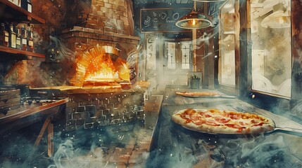 Dynamic watercolor view inside a pizzeria with a pizza being taken out of a brick oven, embers glowing warmly - obrazy, fototapety, plakaty
