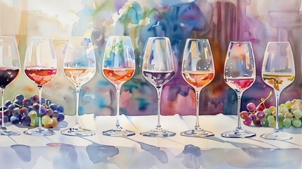 Elegant watercolor of a wine tasting event, soft colors capturing the refined ambience and array of wine glasses - obrazy, fototapety, plakaty
