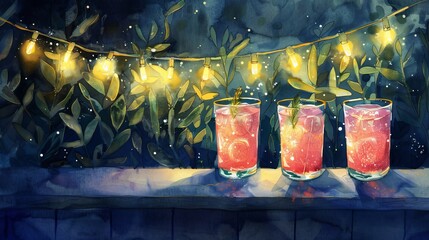 Elegant watercolor of a nighttime outdoor party scene with glasses of sparkling flavored water, glowing under string lights - obrazy, fototapety, plakaty