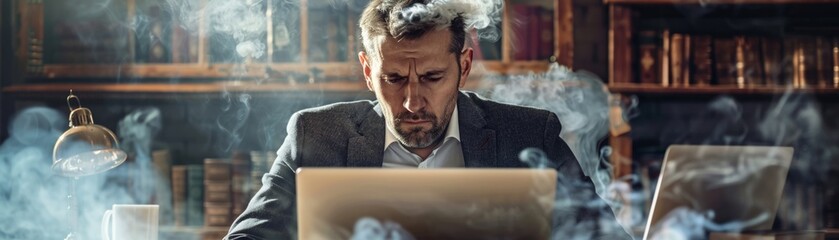 An exhausted professional sitting in front of a computer, steam rising from his head, experiencing burnout due to an overwhelming workload. - obrazy, fototapety, plakaty