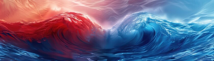 Dramatic abstract portrayal of red and blue ocean waves colliding