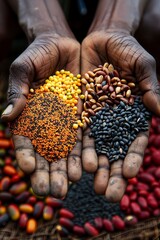 various hands grasping plant seeds