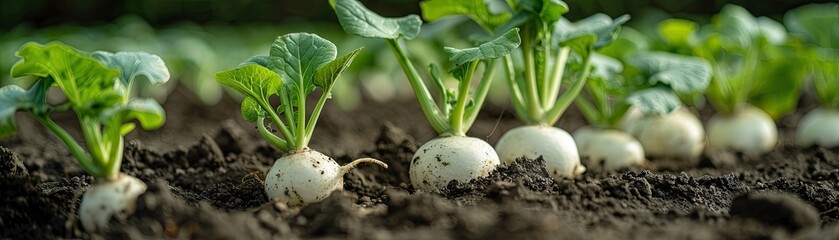 Fresh turnips growing in fertile farm soil
