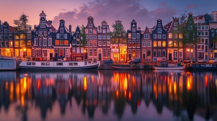 Naklejka premium View of European houses on the riverbank with reflections in the calm river water at night.