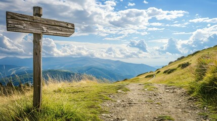 Rustic wooden signpost on scenic mountain trail