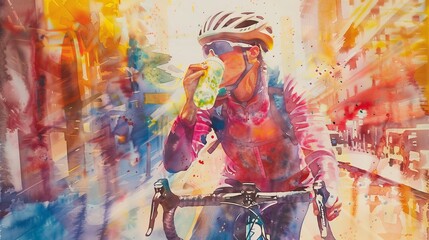 High-energy watercolor scene of a cyclist drinking an energy drink, vivid streaks conveying speed and vitality in an urban setting