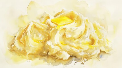 Homely watercolor depiction of creamy mashed potatoes with a pat of melting butter, strokes of yellow and white mingling for a cozy feel