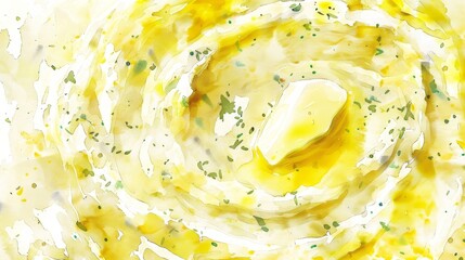 Homely watercolor depiction of creamy mashed potatoes with a pat of melting butter, strokes of yellow and white mingling for a cozy feel - obrazy, fototapety, plakaty