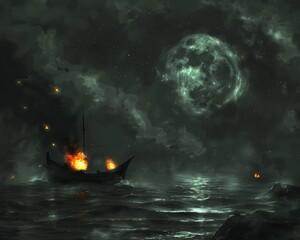 A dark and stormy night. A lone Viking ship sails through the waves, its sails billowing in the wind. The ship is lit by a single lantern, and the only other light comes from the stars and the moon. T