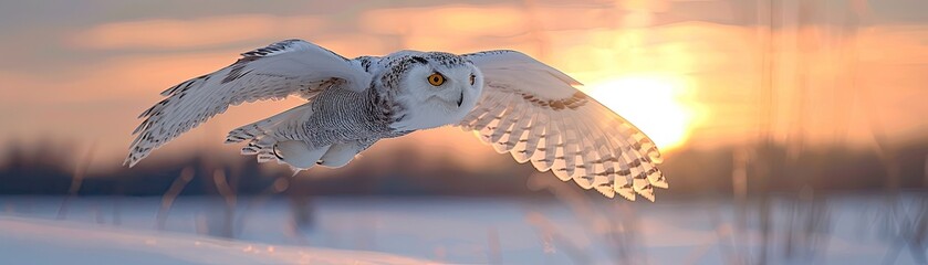 Majestic snowy owl in mid-flight during a serene winter sunrise