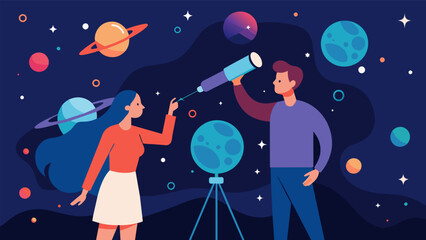 As they gazed through the powerful telescope a couple murmured excitedly to each other pointing out different constellations and trading theories. Vector illustration - obrazy, fototapety, plakaty