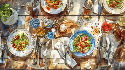Rustic watercolor scene of a farm-to-table meal, with grains and legumes artistically scattered around a wooden table setting - obrazy, fototapety, plakaty