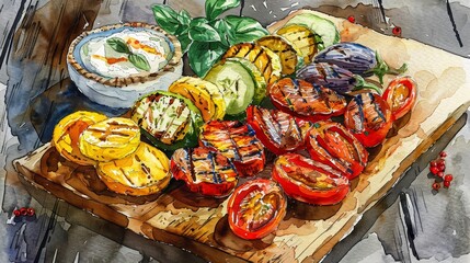 Rustic watercolor scene of an assortment of grilled vegetables on a wooden cutting board, inviting and colorful, with a bowl of aioli - obrazy, fototapety, plakaty