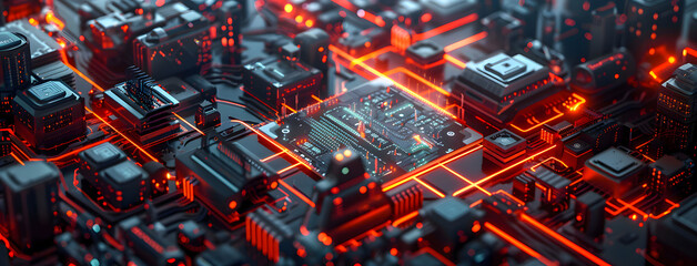 Isometric perspective of an advanced computer chip with glowing circuitry, surrounded by futuristic buildings composed of digital data streams