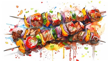 Juicy grilled kebabs with a variety of meats and vegetables, painted in vivid watercolor to highlight the char and glisten