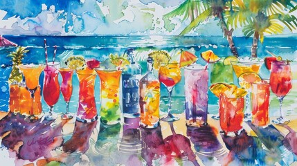 Lively watercolor of a beach party with colorful cocktails, the tropical backdrop enhancing the festive mood