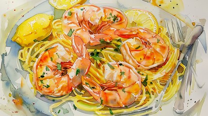Lively watercolor scene of shrimp scampi served over pasta, with light, lemony hues emphasizing freshness - obrazy, fototapety, plakaty