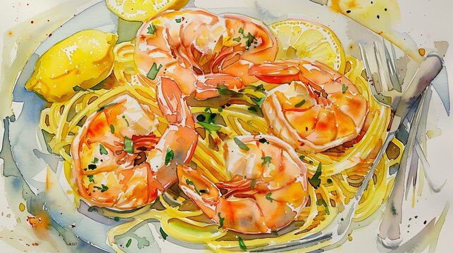 Lively watercolor scene of shrimp scampi served over pasta, with light, lemony hues emphasizing freshness