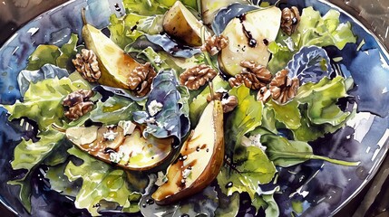 Lush watercolor of a mixed green salad with sliced pears, walnuts, and gorgonzola, draped in a creamy balsamic vinaigrette, both fresh and indulgent - obrazy, fototapety, plakaty