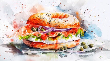 Lush watercolor of a smoked salmon sandwich on a bagel, cream cheese oozing, accented with capers and red onion slices for a touch of luxury - obrazy, fototapety, plakaty