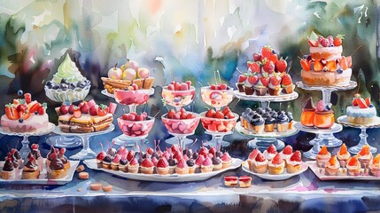 Lush watercolor scene of a dessert buffet with an array of mini desserts, each piece a tiny work of art, perfect for a sweet craving