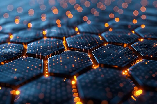 Cutting-edge technology contributes to the creation of a visually stunning and intricate network of polygonal lights, signifying innovation and modernity in the field of nanotechnology.
