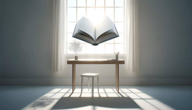 a glowing book above a simple desk, designed to symbolize knowledge and imagination in a tranquil and inspiring environment.