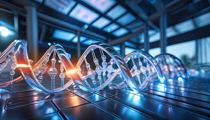 A 3D DNA strand in a lab, symbolizing the fusion of biology and tech